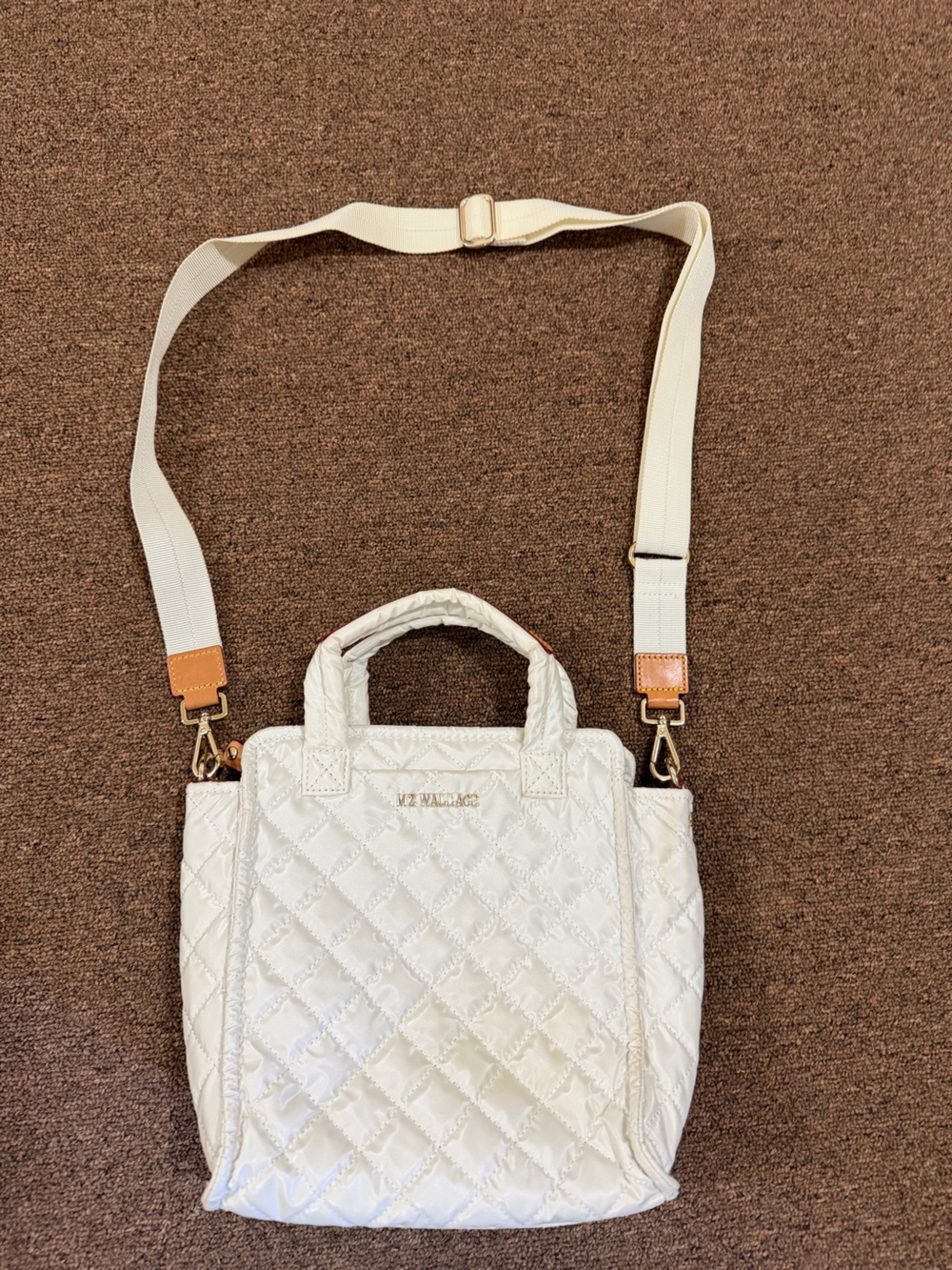 MZ Wallace White Pearl Quilted Nylon Satchel Crossbody Bag Leather Trim